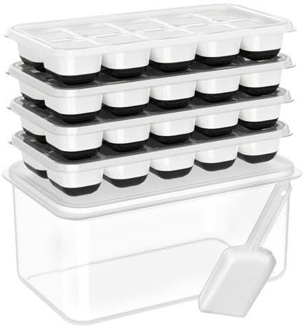 DOQAUS Bandeja de cubitos de hielo con tapa y contenedor, paquete de 4 bandejas de plástico de silicona para congelador con caja de hielo, bandejas de hielo con recipiente de hielo, bandeja de hielo