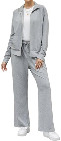 Terecey Trainingsanzug Damen Langarm Jogginganzug- Bequeme Tracksuit Sportanzug Freizeitanzug - Lässig 2 Teilig Zipjacke Jogginghose Atmungsaktiv Sportbekleidung fur Fitness Training, Hellgrau M