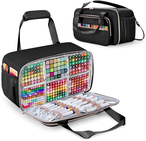 Prokva Marker Storage Case Holding up to 216 Markers, Black | Foil Liner for Easy Wipe Clean, Travel Portable Marker Holder, with Shoulder Strap