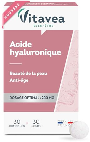 Vitavea - Acide Hyaluronique 200 mg - Complément alimentaire Beauté de la peau et anti-âge - Souplesse et Elasticité - 30 comprimé - Cure de 30 jours - Fabriqué en France