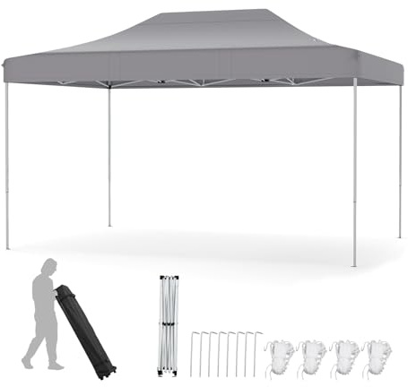 COSTWAY 3 x 4,5 m vikbar paviljong, pop-up paviljong justerbar höjd med rullficka, 4 rep, 8 pinnar vattentät trädgårdspaviljong, trädgårdstält, festtält för fest, bröllop (grå)