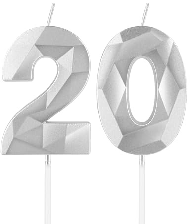 mciskin Silver 20th Birthday Candles, 20th Birthday Decorations for Girl Boy,3D Number 20 Candles for Cake, Pearl Silver Candle Cake Topper Decorations for Birthday Party Weddings Anniversary Supplies