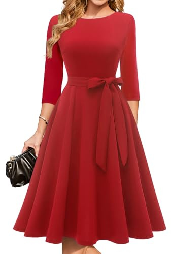 DRESSTELLS Valentines Day Dresses, Cocktail Tea Party Formal Wedding Guest Dress Knee Length, Mother of Bride Evening Gala Gown Modest Aline 3/4 Long Sleeve Vintage, 2026 Spring, Red S