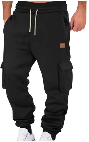 RLEHJN Fleece Lined Cargo Trousers Mens Joggers Winter Thermal Work Trousers Casual Solid Color Cargo Pants Combat Pants Loose Fit Tracksuit Bottoms Outdoor Work Wear Cargos with Pockets Black