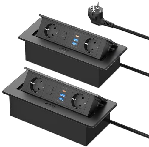 2-pack infällbart bordsuttag USB C PD20W med strömbrytare, inbyggt grenuttag med 2 USB A, infällbart uttag i aluminium, kök, 2 500 W/10 A, 1,8 m kabel, svart