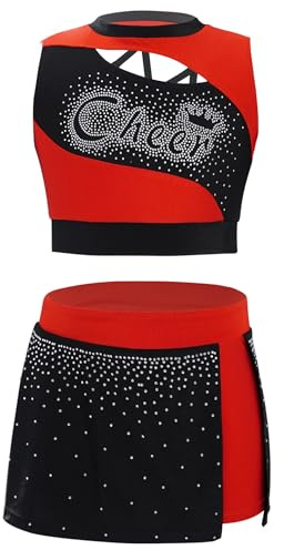 Moggemol Uniforme De Cheerleading pour Enfants Tenue De Cheerleader Mädchen Haut Court sans Manches Pailleté Strass Jupe Pantalon Ensemble De Pièces pour Carnaval Mardi Gras Rouge 11-12 Ans