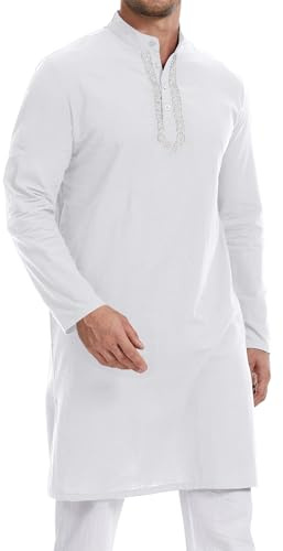 YAOHUOLE Cotton Linen Kurta for Men Long Sleeve Thobe Muslim Dress Pockets White Size M