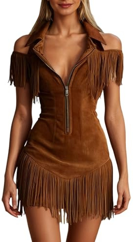 Vestido con flecos para mujer, estilo Y2K, aspecto de ante, hombros descubiertos, disfraz occidental, vestido de fiesta, minivestido de verano, vestido rockabilly, elegante, retro, vestido de cóctel