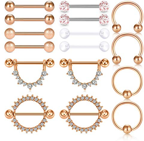 Rajnard or rose 16Pcs Piercing de Mamelon avec Dentelle Piercing Téton Mamelon Piercing Nez Acier Chirurgical et Plastique Acrylique Anneaux de Nez Bijoux de Piercing femmes