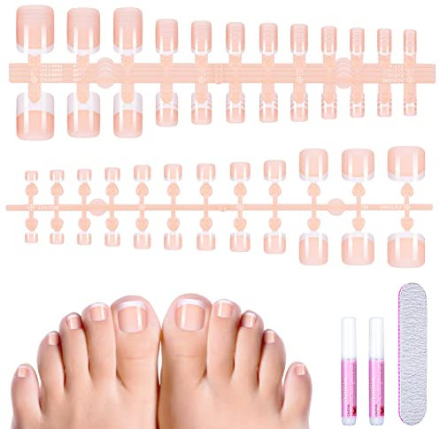 MELLIEX 120 Stück Falsche Fußnägel Kit, Französisch Natürliche Künstlich Fußnägel zum Aufkleben, Full Cover Toe Nails Tips für Frauen, 12 Größen