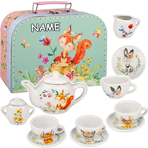 alles-meine.de GmbH 14 TLG. Set Picknick Koffer - Puppengeschirr/Teeservice & Kaffeeservice - Waldtiere - inkl. Name - Geschirr Porzellan/Keramik - Porzellangeschirr - Kind..