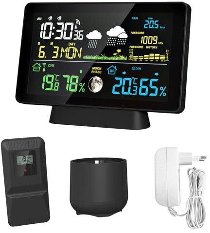Station météo HUIOP Station météo à écran couleur de 7,5 pouces, pluviomètre, compteur de température et d'humidité intérieure et extérieure, station météo avec affichage des phases de lune, affichage