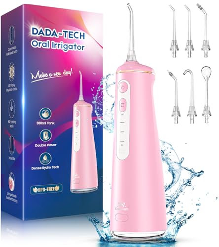 Munddusche Kabellos, Water Flosser for Teeth Mit 4 Modi & 8 Stufen 7 Düsen 300ML Tank Munddusche für Zahnzwischenraumreiniger Zahndusche Mundspülung Elektrisch Oral Irrigator Zähne 2025 (Rosa)