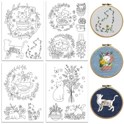Peacoblue Broderie Solubles Eau, Chat mignon avec une fleur 14 Modèles