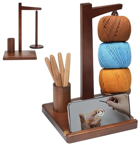 Lvjkes Porta Ovillos de Lana, Porta Bolsas de Lana Giratorio de Madera, Soporte de Lana Magnético Multifuncional, Combinado con Soporte para Teléfono móvil, Adecuado para Hilo de Crochet y Tejido