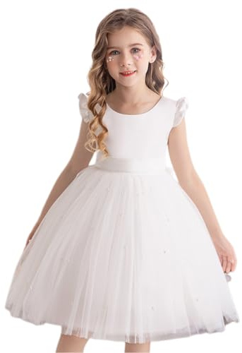 Flor Niña Vestidos para Bodas Dama de Honor Bowknot Tul Vestido Formal Vestido de Noche Primera Comunión Vestido Blanco 5-6 Años