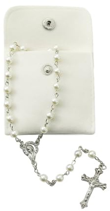 Calkkrer Rosario católico, rosario para comunión, cruz retro, bolsa de regalo de terciopelo, elegante, bautizo, bodas, fiestas (nácar)