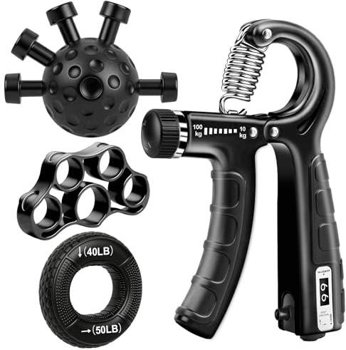 TEAWOO 4-Pack Grip Strength Trainer Kit, Adjustable Forearm Strengthener, Black Hand Grip Strengthener Balls, Finger Exerciser & Stretcher for Strength Training, Recovery & Flexibility