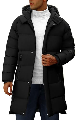 Yuson Girl Veste Homme Hiver Épaissir Chaude Longue Parka Manteau Coupe-vent Matelassé Vestes Décontractée Zippé l'extérieur Blouson à Capuche avec Poches(Noir, XL)