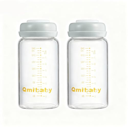 Qmibaby Glass Breast Milk Storage Bottles 240ml 8oz Grey BPA-Free Leak-Proof Natural Baby Bottle for Breastmilk Storage Wide Neck Bottles with Screw Ring Sealing Disk Breastfeeding (2Packs)