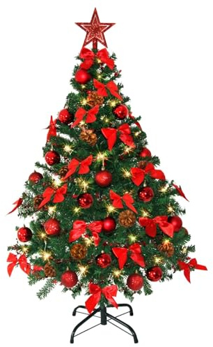 Weihnachtsbaum künstlich (WBD) 120 cm grün mit Weihnachtsdeko rot und Led Lichterkette mit Batteriebox und Fernbedienung künstlicher Christbaum klein Tannenbaum