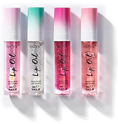 Technic Lip Oil Multipack - Cherry, Mint, Orange, Strawberry (pack of 4) | Flavoured Non-Sticky Hydrating Formulas, High Shine Glossy Finish