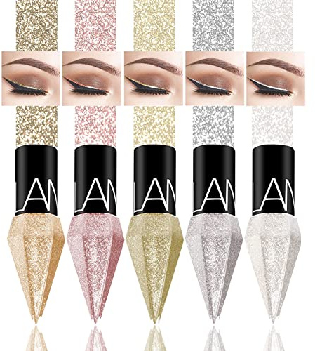 MTUVKGT Juego De Lápiz De Ojos Con Purpurina Líquida de Diamante, Sombra De Ojos Líquida Brillante Metálica De 5 Colores, Glitter Eyeliner Waterproof De Larga Duración Maquillaje De Ojos (12L)