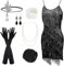 PLULON Damen 1920er Gatsby Pailletten Fransen Vintage Flapper Kleid Cocktailpartykleid mit 20er Jahre Accessoires Kostümset für Abendball (Schwarz)