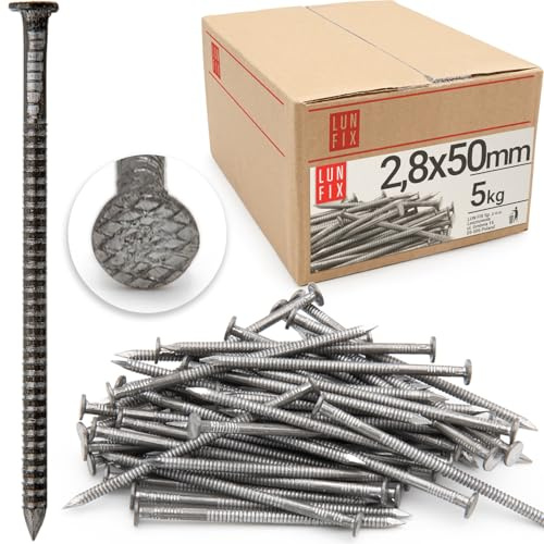 Lun Fix Clavo ranurado 2,8 x 50 mm – 5 kg | clavos de madera para construcción | clavos de construcción sin galvanizar | 50 mm de largo | pasadores de alambre clavos cabeza plana para carpintería