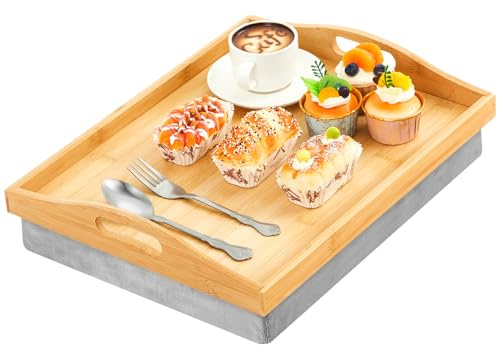 Tioncy 1 Piece Bamboo Lap Tray with Detachable Pillow 16.9'' x 13'' Lap TV Trays Desk with Handles for Adults Eating in Recliner Breakfast Housewarming Gift (Wood)