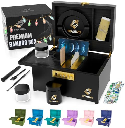 HOVANZO Premium Large Bamboo Decorative Box with Combination Lock - Locking Storage Box with Rolling Tray, Accessories
