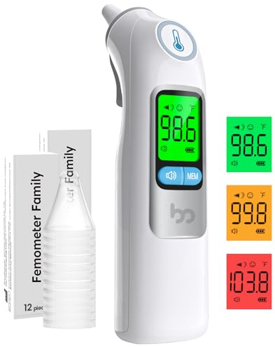 Femometer Family Ear Thermometer, Highly Accurate Ear Thermometer for Kids, Adults and Babies, 30 Memory Recall, 1s Result and 3-Color Fever Alert, with 24 Disposable Probe Covers, White
