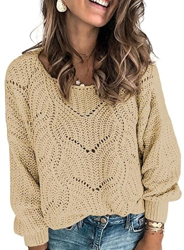 Dokotoo Sweater for Women 2025 Fashion Ladies Cute Soft Thick Crewneck Fall Tops Solid Hollow Out Crochet Chunky Winter Cozy Long Sleeve Cable Knit Pullover Sweaters Trendy Clothes Khaki Large