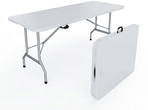 Bricozone Tavolino Pieghevole in Resina Dura Tavolo Campeggio Giardino Set Birreria Facile Trasporto con Maniglia 180 x 74 x 74 cm Rettangolare Bianco