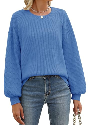 Heekpek Jersey Punto Mujer Cuello Redondo Suave Manga Larga de Linterna Cálido Suelto Elegante Otoño Invierno, Azul, S