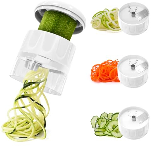 SUREWIN 3 in 1 Vegetable Spiralizer Slicer, Adjustable Zucchini Carrot Noodle Maker, Cucumber Spiral Cutter, Easy to Use Kitchen Tool（White）