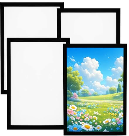 4Pcs A4 Magnetic Picture Frame, Black Self-Adhesive Photo Frames, Paper Poster Frame Waterproof Clear, A4 Certificate Frames, Magnetic Photo Frames for Ads, Notices, Certificates, Paintings