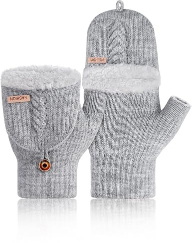 MELLIEX Gants Sans Doigts à Rabat, Flip Top Mitaine Thermiques à Demi-Doigts, Mitaine Tricotés Epais, Gants Moufles doux pour Femmes et Hommes, Gris