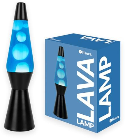 FISURA - Lava-Lampe Blau und Schwarz. Schwarzer Sockel, weiße Lava und blaues Flüssigkeit. Retro-Lava-Lampe mit Ersatzglühbirne. 11,5 cm x 11,5 cm x 40 cm.