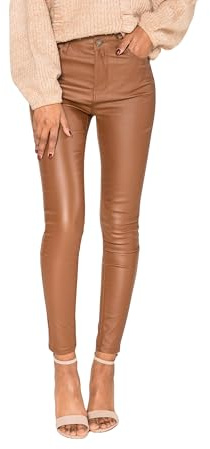 Nina Carter S513 Jean stretch pour femme Coupe skinny Effet mouillé Taille haute Aspect cuir Longueur cheville 5 poches, Marron (S513-8), XL