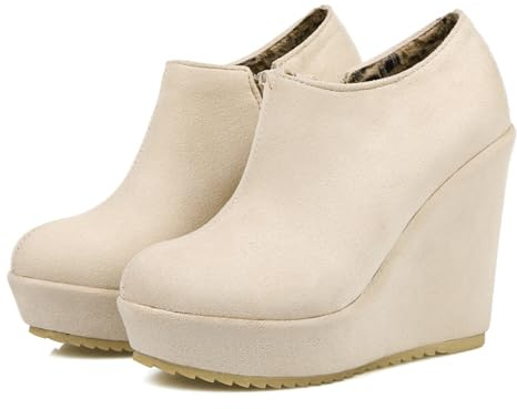 Botines Con Tacón De Cuña De 12 Cm Booties Plataforma Mujer Botas Cortas De Ante Retro Con Cremallera Ankle Boots Forrados De Felpa Cálidos De Invierno Zapatos De Algodón Al Aire Libre(Beige,36 EU)