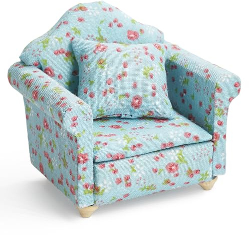 Odoria Miniatura Sillón Casa de Muñecas: 1/12 Escala Sofá de Individual para Salón Dormitorio Rústico Vintage - Mini Mueble Madera Sala de Estar con Almohada Floral Azul
