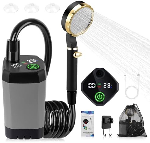 QCXWCJWD Portable Camping Shower, 8000mAh Rechargeable Camping Shower Pump with Sinking Bottom Design, Outdoor Shower IPX7 Waterproof with Temperature Display for Camp Car Washing Pet Bath Traveling