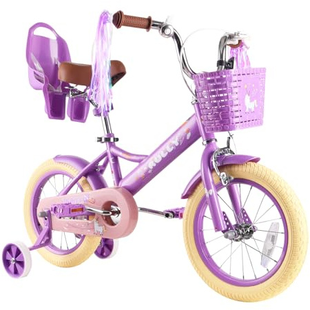 RULLY 14 Inch Kids Bike for 3 4 5 Years Girls with Training Wheels & Front Handbrake, Kids Bicycle with Basket Bike Streamers Toddler Cycle Bikes, Purple
