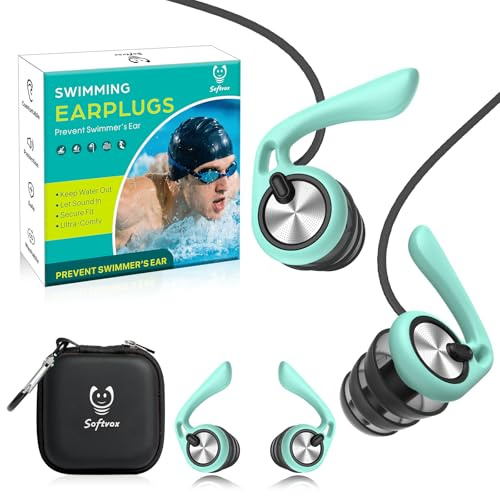 Ear Plugs for Swimming Surfing with Lanyard, Block Out Water Let Sound in, Reusable Comfy Custom-fit Swim Waterproof earplugs Men Women for Swimmer Shower Pool Bath Water Sports, 2 Sizes for 12+, GN