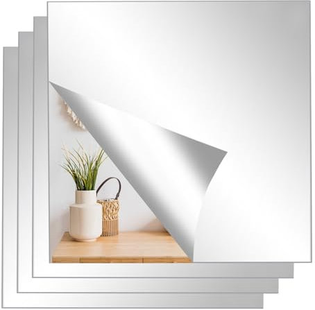 QUIIEOSKIA 4pcs HD Self Adhesive Mirror, decorative acrylic mirror film wall mirror for sticking for bathroom living room bedroom wardrobe (20x20cm)