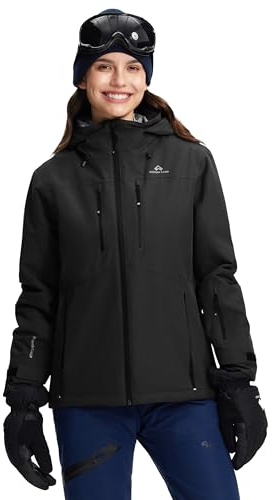 Pioneer Camp Snowboardjacke Damen Winddicht Atmungsaktiv Mit 7 Taschen Ski Winterjacke Outdoorjacke(Black;XL)