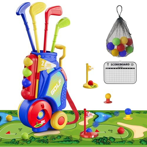 HYES Toddler Golf Set 2-4 Years, Kids Golf Club with 8 Balls, 4 Plastic Clubs, Putting Mat, Scoreboard, Storage Bag, Indoor Outdoor Game with Golf Cart Sport Toy Gift for Baby Boys Girls Age 3-5, Blue