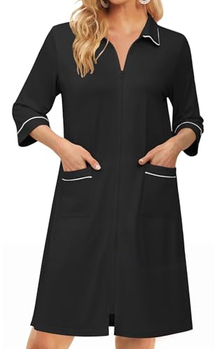 Ekouaer Zipper Robes for Women 3/4 Sleeve Housecoats Knee Length Bathrobe Lightweight Nightgown with Pockets
