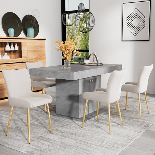 DUlVBPE Sammetsmatstol, uppsättning av 6, lyxig, vardagsrum, sovrum, loungestol med fyra gyllene metallstödben, ländryggsstöd, beige